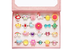 PinkSheep Anneaux bijoux pour petites filles Aspiree dans une boîte, Ajustables, Pas de duplication, Bagues de jeu et d'habillage pour filles (24 bagues adorables)