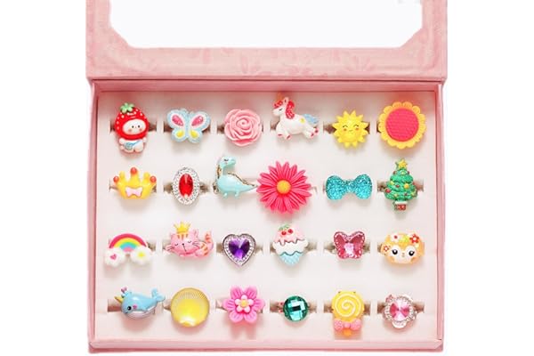 PinkSheep Bagues de bijoux pour fille en boîte, réglables, non duplicables, anneaux de jeu de fiction et pour habiller la petite fille (24 anneaux adorables)
