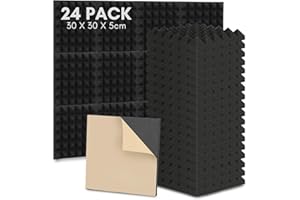 Sonnewelt Lot de 24 dalles en mousse acoustique autocollantes - 5 x 30 x 30 cm - 3D - Haute densité - Pour mur et hall - Pour studio d'enregistrement, bureau, pyramide noire