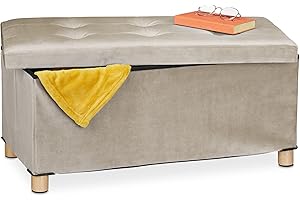 Relaxdays Pouf con Contenitore Vassoio, HxLxP: 34x76x38 cm, Sgabello Portaoggetti Salvaspazio, Panca, Velluto, Creme, Fibra di Legno, 1 pz
