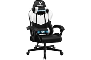 LUCKRACER Gaming Chair, Massage Ergonomic Computer Chair Lumbar Support High Back Height Adjustable Gaming Chair with 360°-Swivel Seat and Headrest for Home Office, White