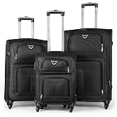 MERCURY TEXTIL - Set of 3pcs Fabric Suitcases (Black) | With 4 360&deg; Swivel Wheels, Expandable (Cabin, Medium and Large), Safe