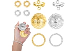 JEQQINUZ 16 Stück Anti Stress Spielzeug Skills Set, 10 Akupressur Ring, 2 Massageringe für Finger, 2 Akupressur Armband, 2 Stress Spielzeug für Stressabbau Erwachsene und Massage(Gold Gemischt mit Silber)