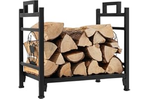 COSTWAY Regał na drewno kominkowe, metalowy stojak na drewno kominkowe z uchwytami i regulowanymi poduszkami na nogi, regał na drewno opałowe do wewnątrz i na zewnątrz, regał na drewno opałowe do