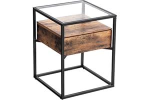VASAGLE Tavolino Lato Divano, Comodino, Tavolino da caffè, Cassettiera con Piano in Vetro Temperato e Cassetto con Ripiano, Decorazione in Soggiorno Salotto, Stabile, Marrone Vintage e Nero LET04BX
