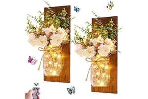 GUANSHAN 1PC Einmachglas Wandleuchten, LED-Streifenleuchten mit künstlicher Blume und Holzplatte Rustikale Wandleuchten Hängelaterne für Schlafzimmer, Garten, Wanddekoration