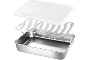 XYVOR Bandeja De Horno con Rejilla de Enfriamiento, Bandeja Horno Acero Inoxidable, Bandejas Hornear Con Juego De Estante De Refrigeración, con Tapa, Rectangular, Para Hornear y Asar (25.5x20x5cm)