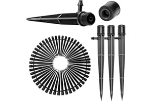 50 Pièces Goutteur Irrigation Réglable, VooGenzek 360 Degrés Micro Asperseur Goutte à Goutte avec Connecteur Barbelé & Piquet de Support pour Tube 4/7 mm, Goutteur d'irrigation Insertion, Noir