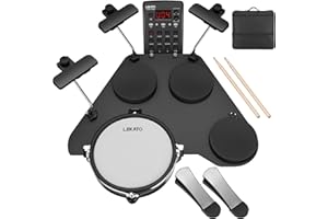 LEKATO Batería electrónica con almohadillas de malla silenciosas, kit de batería eléctrica portátil CPD-1000, más de 20 sonidos, USB MIDI, 2 pedales mejorados, palos, bolsa de viaje