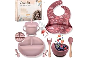 FlexiTot | Set tavola con ventosa per bambino – Kit svezzamento prima pappa e autosvezzamento, bicchiere con manici, babero impermeabile, contenitore frutta, cucchiaio silicone | +6 mesi | Rosa