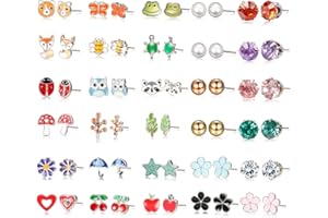 KALVICA 30 Pairs Hypoallergenic Earrings for Girls Stainless Steel Stud Earrings Cute Animals Flowers Pearl Stud Earrings Set for Kids Girls Women
