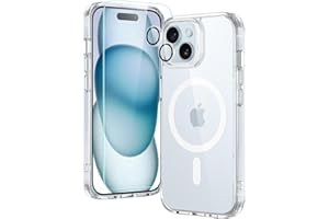 ESR Set de Funda para iPhone 15 Plus, 1 Protector Pantalla de Cristal Templado, 1 Set Protectores Lentes, Funda MagSafe Resistente Amarillamiento y Arañazos, Serie Classic, Transparente