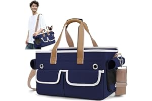 ALLSOPETS Cat Dog Carrier Bag, Soft-Sided Canvas Pet Travel Tote with Pockets, Portable Handbag with Adjustable Safety Leash for Trips, Camping & Hiking (Blue)