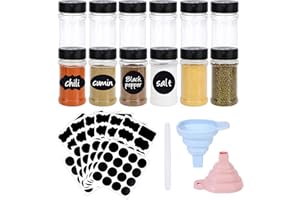 PWSAP Tarros el plastico con Tapa 6pcs, Tarro de Especias 170ML, Hermético Tarros de Pequeños de 6oz con Etiquetas, Embudo, Botes Especias para el Cocina Almacenaje de Organizador Hierbas, Mermeladas