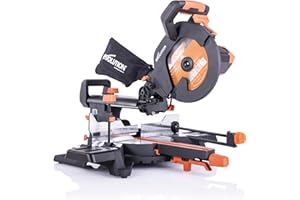Evolution Power Tools R255SMS+ Compound Mitre Saw with Multi-Material Cutting Blade, Chop Wood Metal Plastic, 45° Bevel, 50° Mitre Angle, 300mm Slide, 2000 W, 255 mm, 220-240 V