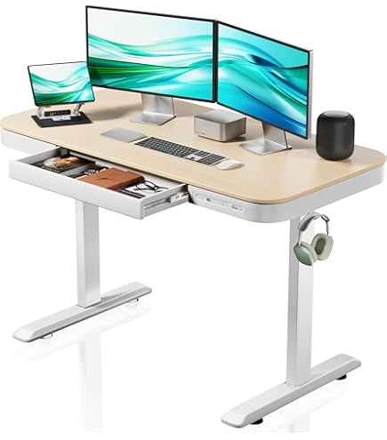 OffiGo in Hoogte Verstelbaar Bureau, 120x60 Elektrisch Bureau met L-monitorhouder, Staand Desk met Lade, Standing Desk met USB, Ergonomisch Computerbureau, Wit