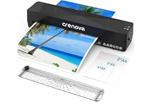 Crenova Plastifieuse et 10 pochette plastifier, Modes à chaud et à froid avec massicot, plastifieuse tout format A4/A5/A6 Prévention des bourrages, Préchauffage rapide, Noir