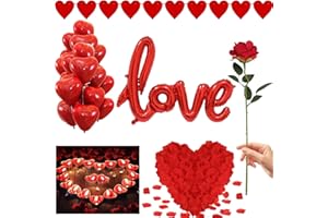 LARBER Decoración San Valentín Globos 1000 Pétalos de Rosa Artificiales 50 Velas Corazón Rojo 20 Globos Rojos Corazon Globos LOVE para Bodas Aniversario Nupcial Cumpleaños Decoración
