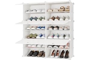 JOISCOPE Shoe Storage Cabinet Organiser 2 x 6 Tier Modular Dustproof Plastic Shoe Rack Cabinet, Large Capacity Multifunctional Shoe Cabinet, Space Saving for Hallway Bedroom Entryway, Milky