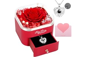 CHUANGLI Preserved Real Rose with I Love You Necklace in 100 Languages, Eternal Flower Gifts for Women Mum Wife Girlfriend on Valentines Day Mothers Day, Anniversary Birthday Gifts for Women