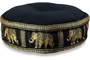 livasia Colourful Zafu Meditation Cushion for Yoga filled with 100% organic Kapok Seat Thai Silk (black/elephant)