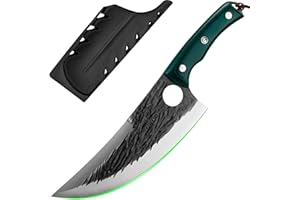 FULLHI Coltello da macellaio con fodero, coltello da cuoco serbo Tang, coltello da verdure con mannaia in acciaio al carbonio per esterno, campeggio (Verde, 31,8cm)