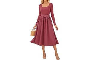 GRACE KARIN A-Line Long Sleeve Midi Dresses for Women UK, U-Neck Jumper Dresss with Belt, Wedding Guest Prom Dress Elegant