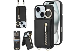 Jcxtrombulous Hülle für iPhone 13/14 Hülle Stoßfeste Handyhülle mit Verstellbarer Halskette RFID Reißverschluss Geldbörse Etui mit Kartenfach mit Band Ring Ständer Case für Frauen-Schwarz