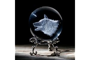 vskikris 3D Crystal Ball with Wolf Head Figurines Glass Balls with Stand 3D Crystal Sphere Paperweight Gifts