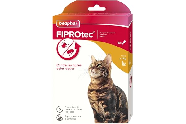 BEAPHAR – FIPROTEC Solution Spot-on au Fipronil pour Chats (> 1 kg) 50 MG – Traite Les infestations par Les puces – Tue Les tiques présentes sur Le Chat en 48 h – 6 pipettes de 0,5 ML