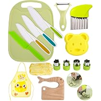Yiomxhi Set Di Coltelli Da Cucina In Plastica Per Bambini - 16 Pezzi Sicuri Con Lama Seghettata, Grembiule E Guanti