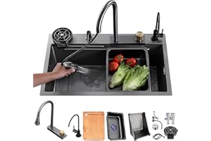 HZKSINNK 80x50cm Fregadero de Cocina de 1 Cubeta, cascada Fregadero de Acero Inoxidable, con Grifo Cocina Extraible, lavadora de vidrio, sifón, rebosadero y desagüe así como otros accesorios