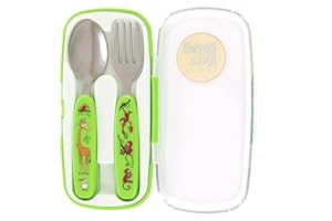 Tyrrell Katz Kids Jungle Printed 2 Piece Cutlery Set in Green with Case - Dishwasher Safe Flatware Children's Fork and Spoon - 15 x 8 x 2 cm