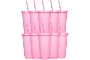 Yisituo Wiederverwendbare Kunststoffbecher, 680 ml, 10 Stück, kalte Becher mit Deckel und Strohhalm, Reisebecher für Erwachsene und Kinder, Party und Strand, Poolversammlungen (10, Rosa)