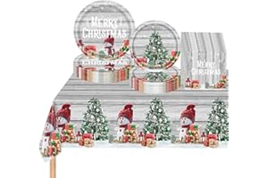 Yontree 41PCS Christmas Party Tableware Set Christmas Tablecloth Christmas Plates Napkins Xmas Dinnerware Christmas Party Supplies(10 Guests)