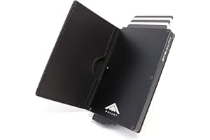 Stealth Wallet Porte Carte Bancaire RFID pour Homme - Porte-Cartes De Crédit avec Mécanisme Pop Up et Boîte Cadeau - Portefeuilles de Crédit Aluminium Minces (Aluminium Noir, Cuir Noir Crazy Horse)