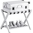 SMIBUY Luggage Rack, Foldable Bamboo Suitcase Stand with Storage Shelf for Guest Room, Bedroom, Hotel, Heavy-Duty (White)