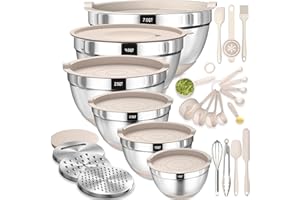 Terlulu Rührschüssel 6er Set, Edelstahl Schüssel Salatschüssel mit Luftdichtem Deckel & Silikonboden, 3 Reibenaufsätzen, Schüsselset zum Backen/Servieren, 6.6 L/3.8 L/2.4 L/1.9 L/1.4 L/0.6 L - Khaki