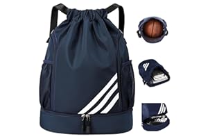 EoVzWXj Drawstring Bags, Waterproof Drawstring Gym Backpack, Large Capacity Drawstring Gym Bag, Swim PE Bags with Shoes Compartment & Water Bottle Mesh Pockets for Football Swimming School