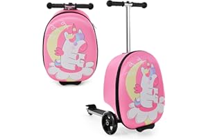 GOPLUS 2 in 1 Kinderkoffer mit Roller, 26 Zoll Reisegepäck mit Eva-Gehäuse & LED-Rädern, Klappbarer Scooter mit einziehbarem Lenker für Kinder ab 5 Jahre alt (Einhorn)