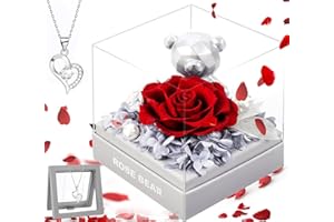 BoriYa Cadeau Fete des Meres, Rose Eternelle avec Collier, Ours en Coffret Cadeau Fleur Eternelle, Rose Stabilisée avec Bijoux, Cadeau Belle Mere avec Carte de Voeux, Cadeau Mignon pour Femme