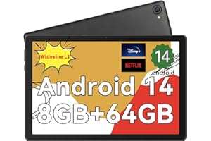 HotLight Tablette 10 Pouces Android 14 Tablette Octa Core avec OTG-Transfert et Widevine L1 WiFi 6 BT 5.0 8GB+64GB(1TB TF) 5000mAh Type-C, Tablette Tactile avec Reconnaissance Faciale-Nior