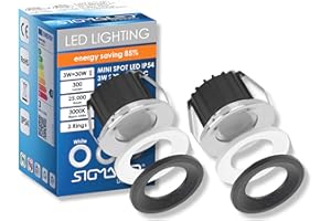 ‎SIGMALED LIGHTING SIGMALED LIGHTING, Mini-LED-Einbaustrahler 3W, Spritzwassergeschützt für den Außenbereich, dimmbar, Warmweiß 3000K, 300 Lumen, IP54 Runde Einbauspot, 220V / 230V AC, 2er-Pack (1 Box mit 2 Stuck)