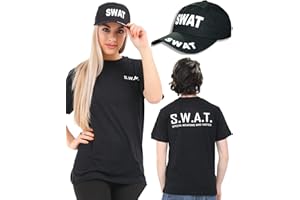 Dreamzfit - Adult Unisex SWAT TEAM T-SHIRT & CAP SET Fancy Dress Costume Police FBI Tactical Military Hen Night Party Dress Up for Men's Women's