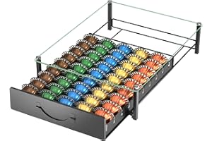 HFHOME Tiroir de rangement en verre trempé pour 50 dosettes Vertuo et 50 dosettes Dolce Gusto, organiseur de café pour Nepresso Original, Lavazza Mio, Tchibo Cafissimo, etc., pour plan de travail