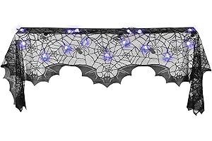 ELANDER Halloween Deko, Schwarze Spitze Spiderweb mit 20 Lila Spinne LED, Leuchten Kaminmantel Schal Cover, Halloween Türvorhang Deko 45 x 243cm