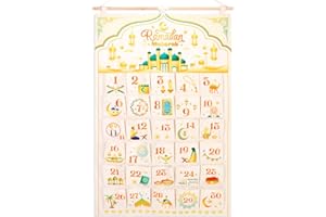 HOWAF Calendrier de l'Avent Ramadan en Tissu, Calendrier Ramadan Calendrier du Ramadan Ramadan Calendrier de l'Avent Aïd Suspendre pour DIY Ramadan Décoration de Porte Murale, Or Blanc, 10X10CM