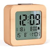 HERMIC Digital Alarm Clock, Wooden Digital Alarm Clock with Light Sensor, LCD Backlight, Snooze 5 Min, Temperature, Date and