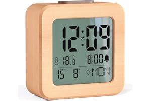 HERMIC Réveil Numérique en Bois, Réveil à Piles avec Écran LCD, Réglage Automatique de la Luminosité, Snooze, Température, Date, Semaine, 12/24H(3*AAA Batteries Inclus)