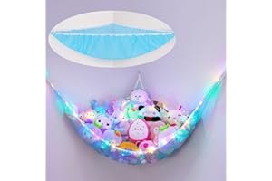 EllaSeek Stuffed Animals Hammock Corner with LED Light Toy Storage Organizer Toy Hammock Net for Stuffed Animals Storage for Girls Kids Room Wall Decor